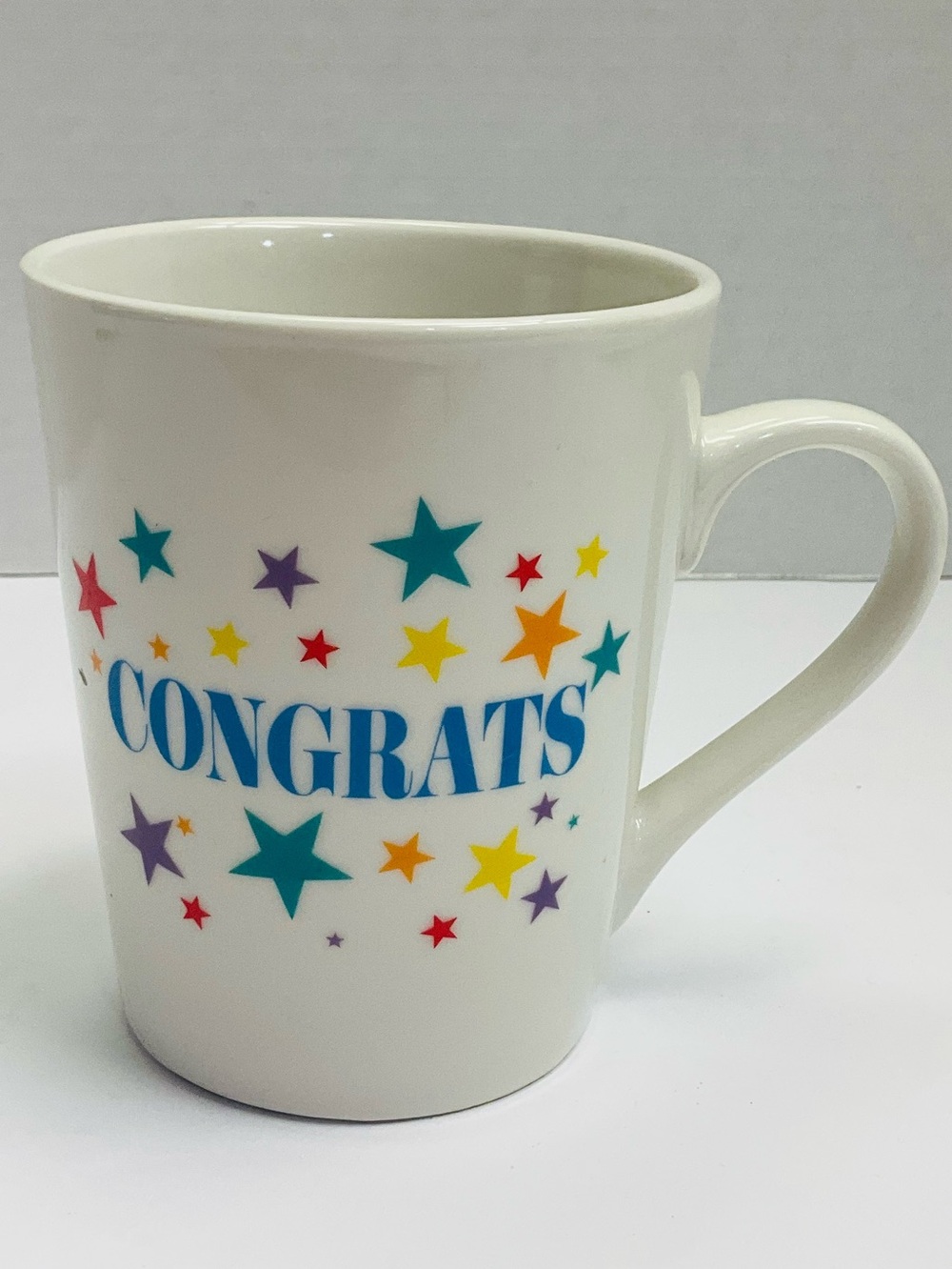 🌼4/$10🌼 White  "Congrats" Ceramic Coffee Mug with Colorful Star Design